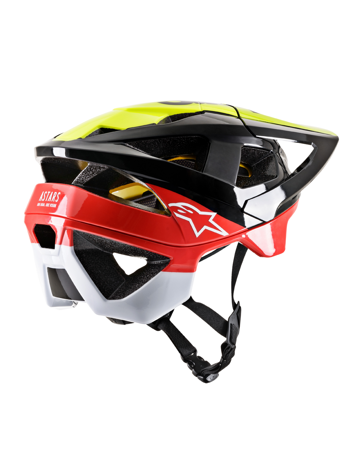 Alpinestars Vector Tech Pilot MTB-Helm, Schwarz, Fluo-Gelb und Rot glänzend mit weißen Akzenten, rückseitige Dreiviertelansicht mit großen Belüftungsöffnungen, erweiterter Nackenabdeckung, weißem Astars-Logo und verstellbarem Kinnriemen, Hochleistungs-Kopfschutz für Mountainbikes