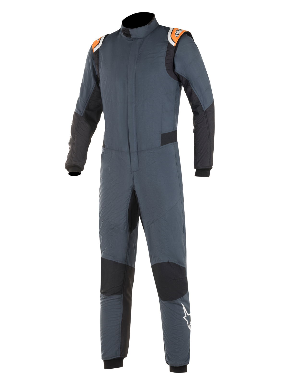 Alpinestars Hypertech Suit, Auto Racing Suit, Asphalt Gray and Black with Orange Fluo accents, featuring black stretch panels, orange shoulder epaulettes with branding, and white star logo on the leg, professional two-layer fire-resistant construction for motorsport performance