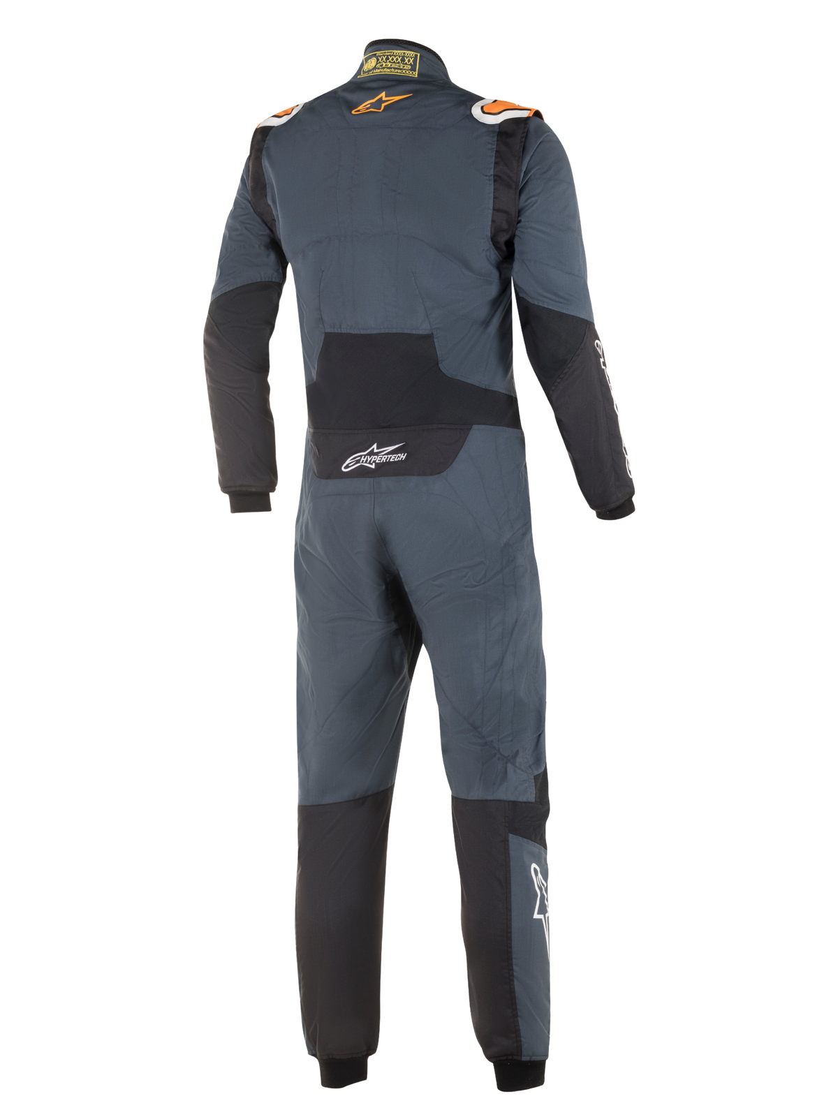 Alpinestars Hypertech Suit, Professional Auto Racing Suit, Asphalt Gray and Orange Fluo, back view, featuring black stretch panels on the lower back and elbows, orange Alpinestars logos on the shoulders, and white Hypertech branding, streamlined FIA-certified design.