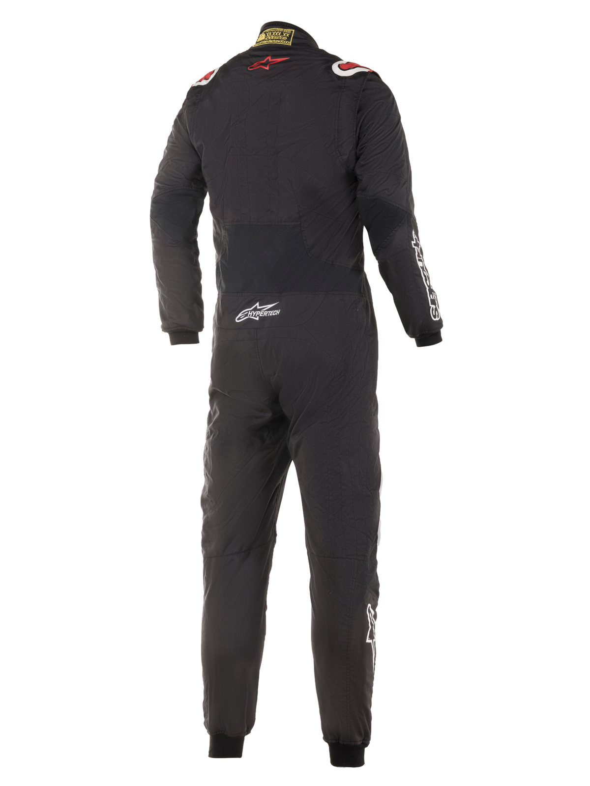 Combinaison Alpinestars Hypertech, combinaison de course automobile, noire avec des accents rouges et blancs, vue arrière montrant le logo étoile rouge sur le haut du dos et le marquage Hypertech sur le bas du dos, conception monopièce professionnelle pour le sport automobile