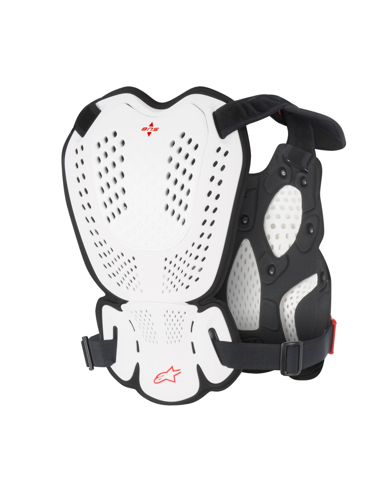 Alpinestars A-1 Roost Guard, Motocross Chest and Back Protector, White and Black with Red Alpinestars logo, perforated hard shell plates, bio-foam padding, rear view showing protective coverage for motocross and off-road riding