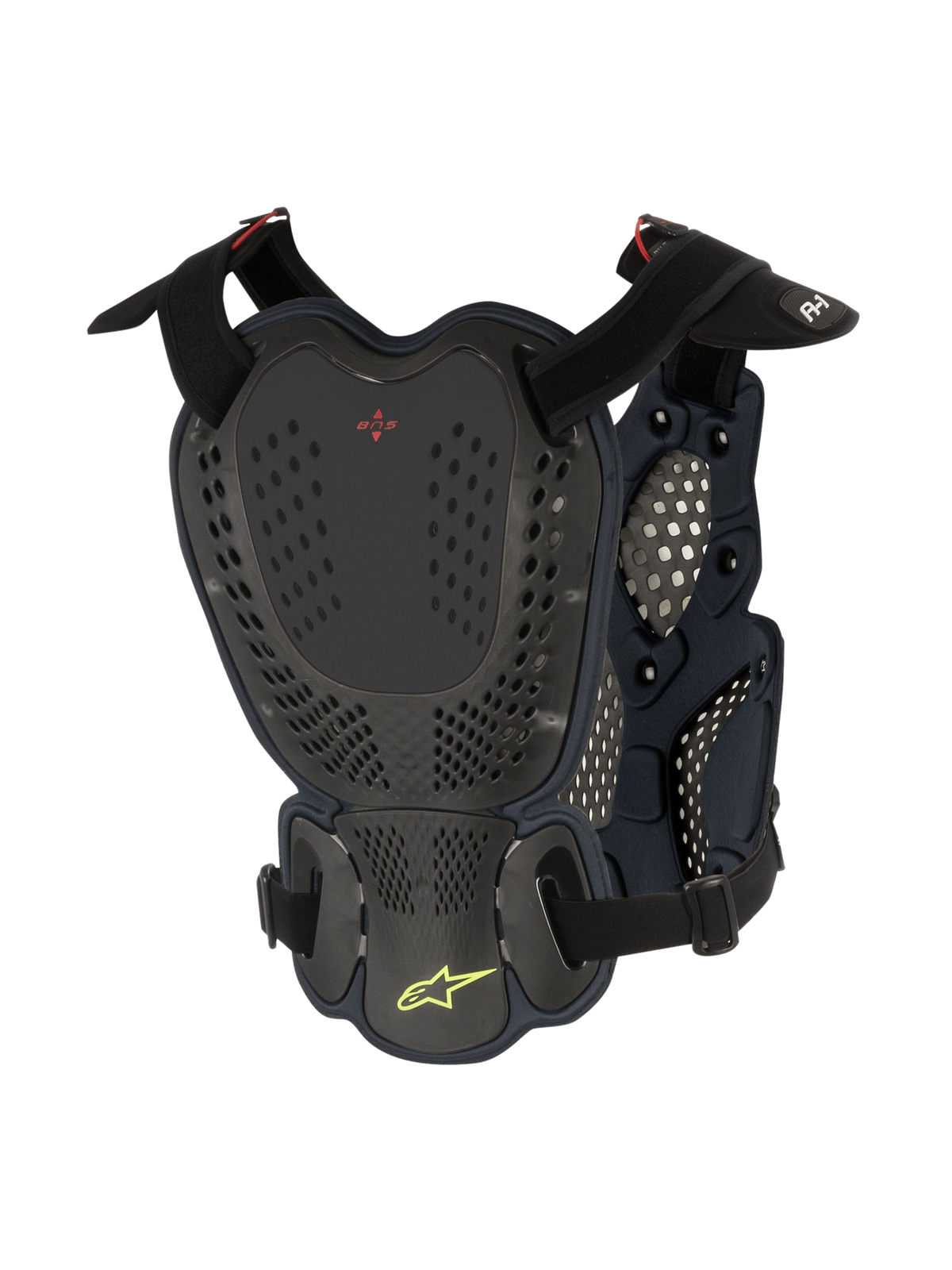 Alpinestars A-1 Roost Guard, Motocross Brust- und Rückenprotektor, Schwarz Anthrazit, Rückansicht mit perforierten Hartschalenplatten, rotem BNS-Logo und limonengrünem Alpinestars-Sternlogo, verstellbare Riemen für Offroad-Schutz
