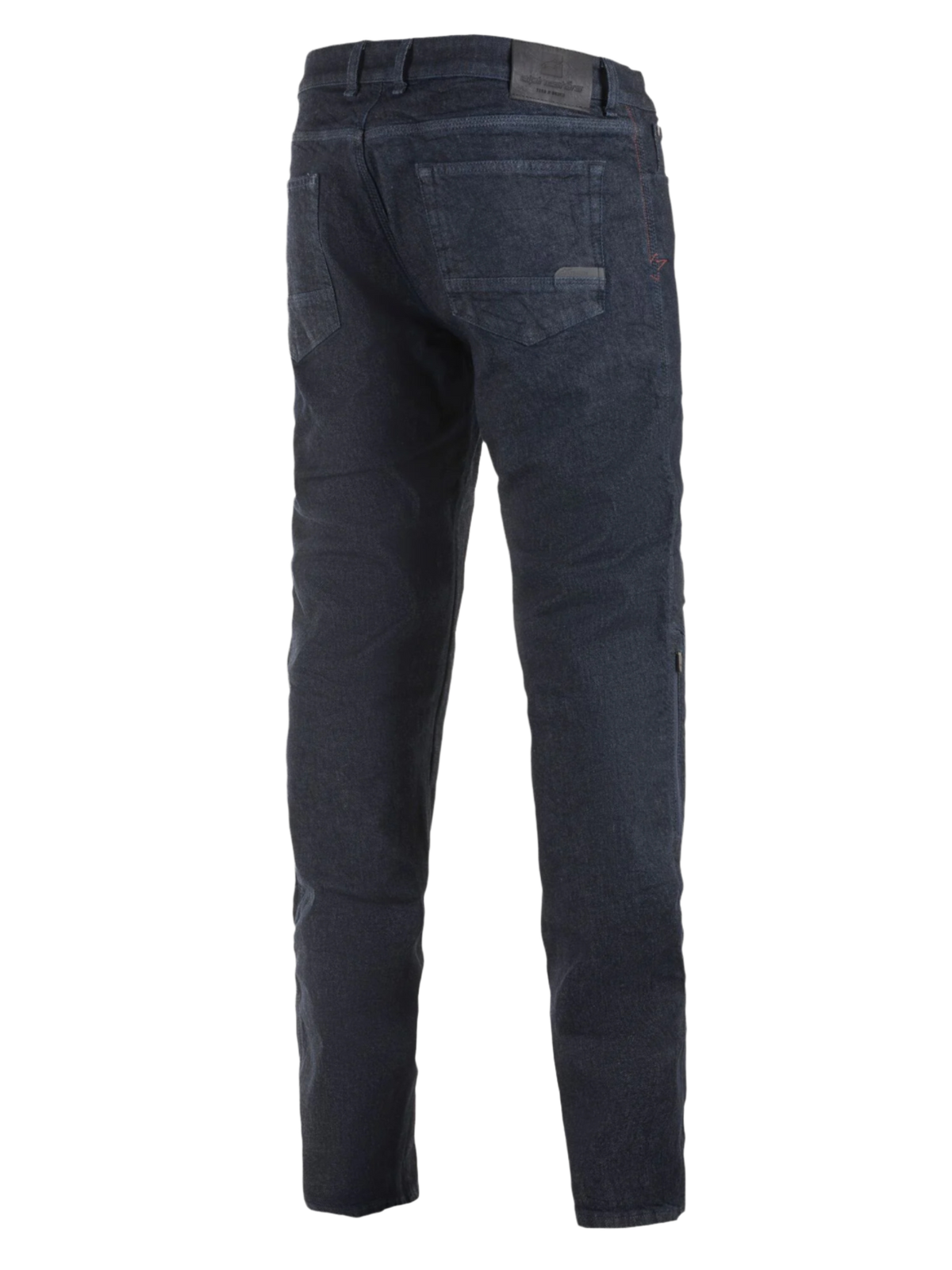 Denim de moto Alpinestars Copper Out V2, Rinse Plus Blue, vue arrière montrant une coupe droite standard, patch en cuir sur la ceinture, denim foncé pour la conduite routière urbaine