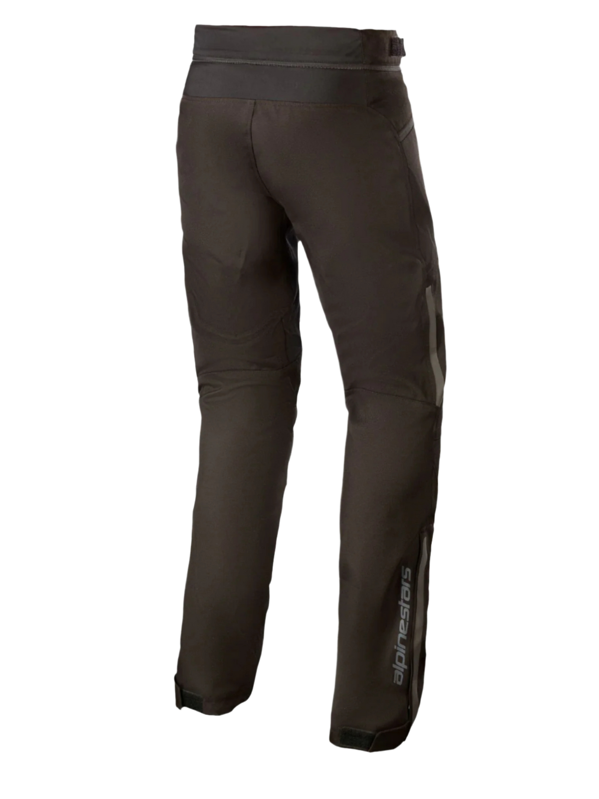 Alpinestars AST-1 V2 Waterproof Pants Long, pantalon de moto en textile noir, vue arrière montrant les détails réfléchissants et le marquage vertical sur le bas de la jambe, équipement de conduite durable toutes saisons