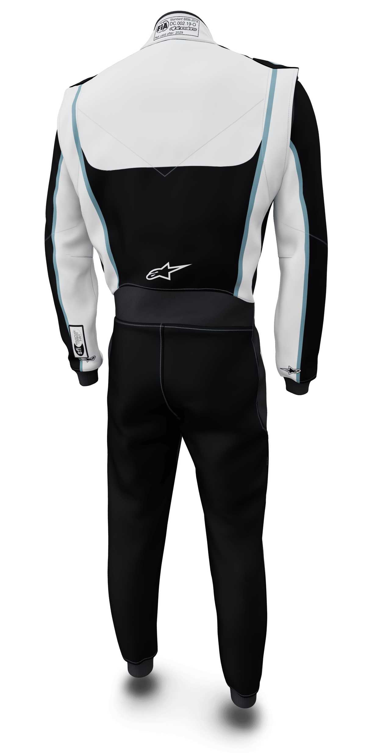 Alpinestars Tech Vision V3, combinaison sur mesure pour course automobile, noire et blanche, certifiée FIA et SFI, vue arrière.