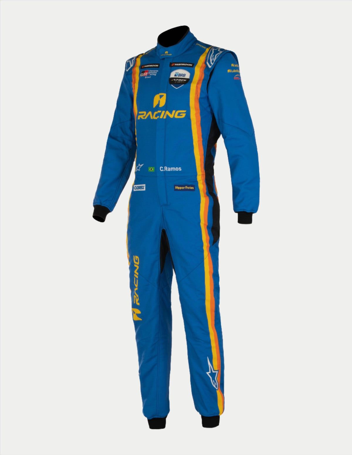 Alpinestars Tech Vision V3, combinaison sur mesure de course automobile bleue, jaune et orange, certifiée FIA