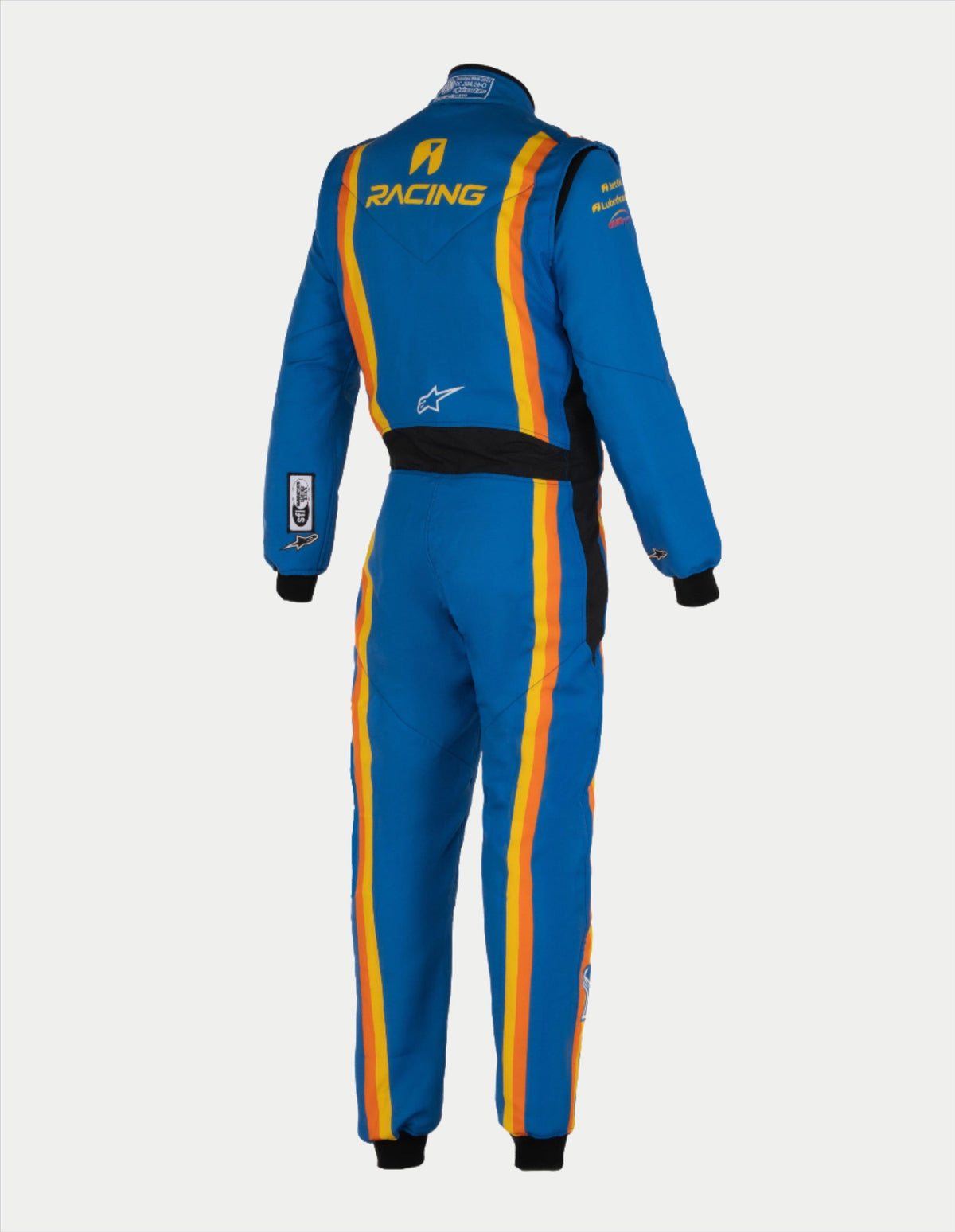 Alpinestars Tech Vision V3 Maatwerkpak, professioneel autoracepak, achteraanzicht in blauw met oranje en gele strepen, voorzien van 'RACING' branding en Alpinestars-sterlogo, zwarte stretchpanelen in de taille en zwarte boorden, lichtgewicht en ademende autosportuitrusting