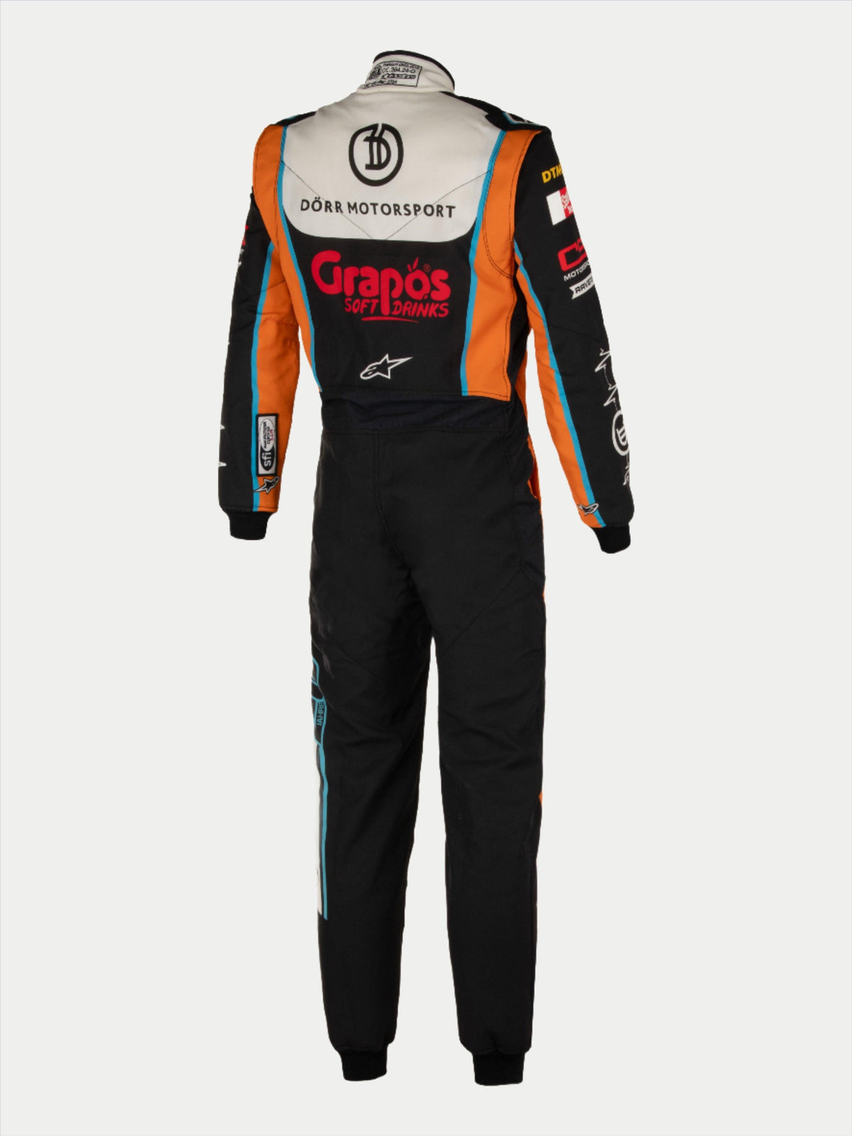 Alpinestars Tech Vision V3, combinaison sur mesure de course automobile, noire et orange, certifiée FIA, vue arrière en Nomex.