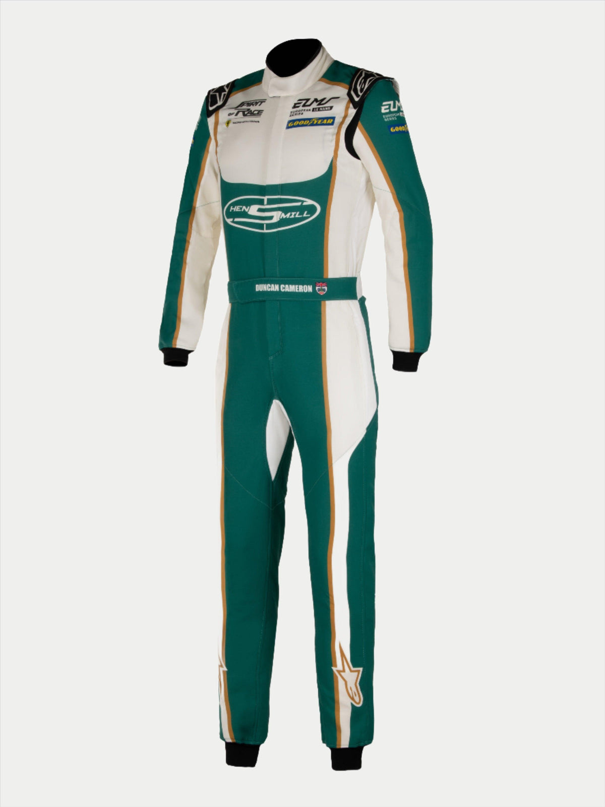 Alpinestars Tech Vision V3 Custom Suit, professioneel autoracepak, blauwgroen en wit met gouden accenten, voorzien van gepersonaliseerde sponsorlogo's en de naam van de coureur op de riem, drielaagse Nomex-constructie met schouderepauletten en gebreide manchetten.