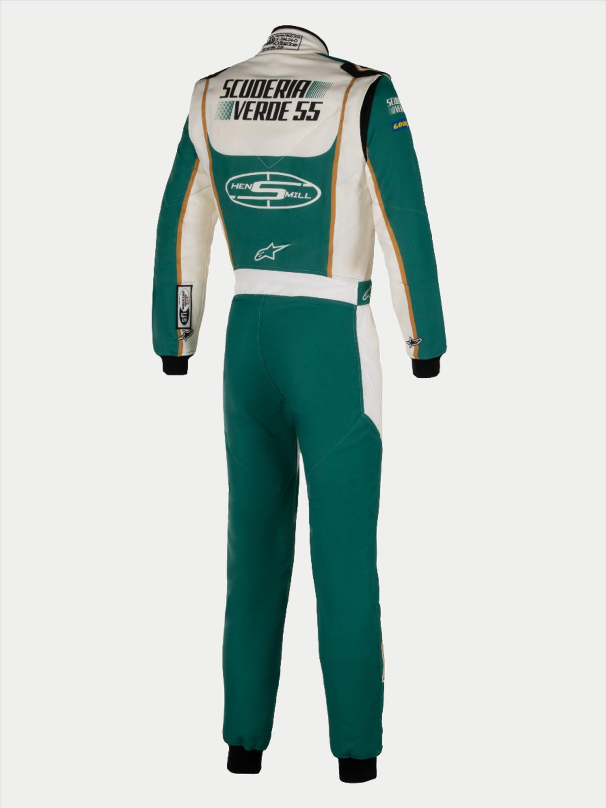 Alpinestars Tech Vision V3 maatwerkpak, achteraanzicht, groenblauw en wit met gouden accenten, gepersonaliseerde 'Scuderia Verde 55' en 'Hens Mill' branding, professioneel FIA/SFI-gecertificeerd racepak