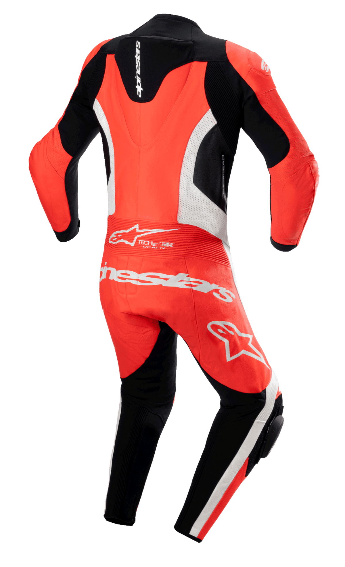 Alpinestars GP Force Lurv 1-Piece Leather Suit, Red Fluo White and Black, Rear view featuring an aerodynamic back hump, white perforated leather panels, and bold white Alpinestars branding across the lower back, professional motorcycle racing suit with accordion stretch panels.