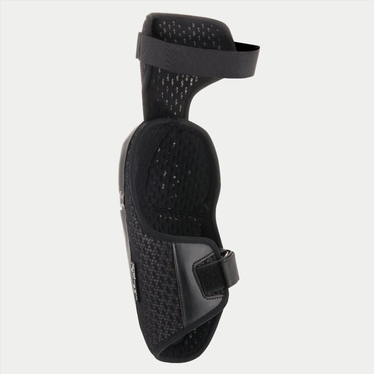 Alpinestars Youth Bionic Plus kniebeschermer, zwart, toont de mesh binnenvoering en het dubbele bandsluitsysteem, ergonomisch ontwerp voor off-road motorcross bescherming