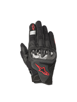 Alpinestars SMX-1 Air V2 handschoenen, zwarte en rood fluo motorhandschoenen met geventileerd leer en mesh, harde knokkelbescherming, CE-gecertificeerd voor straatgebruik.
