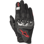 Alpinestars SMX-1 Air V2, gants de moto de route, noir et rouge fluo, avec protection des articulations de style fibre de carbone, logo étoile Alpinestars rouge, bandes réfléchissantes argentées et cuir perforé avec mesh respirant