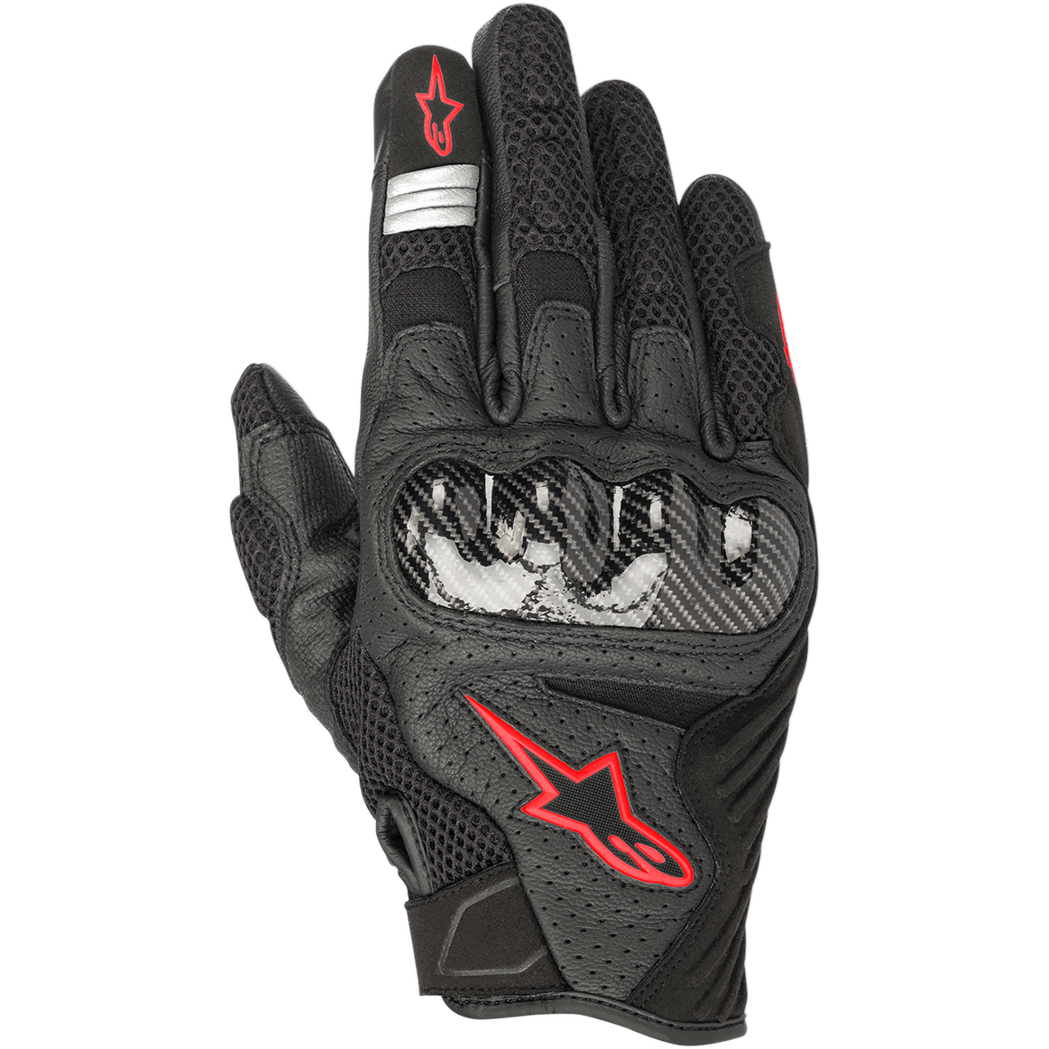 Alpinestars SMX-1 Air V2, gants de moto de route, noir et rouge fluo, avec protection des articulations de style fibre de carbone, logo étoile Alpinestars rouge, bandes réfléchissantes argentées et cuir perforé avec mesh respirant