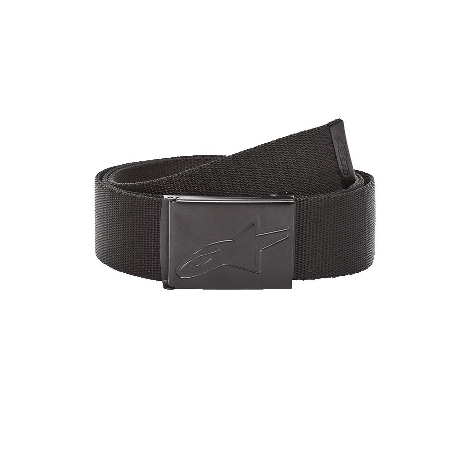 Alpinestars Ageless Web Belt, Black Woven Web Belt, Metal Clamp Buckle with Debossed Star Logo, Metal Tip with Logo, Durable Casual Sportswear Accessory