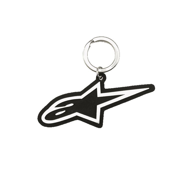 Alpinestars Ageless Schlüsselanhänger, 3D-Gummi-Schlüsselanhänger, schwarz-weißes Blaze-Logo-Design, silberner Metall-Snap-Ring, vom Motorsport inspiriertes Accessoire