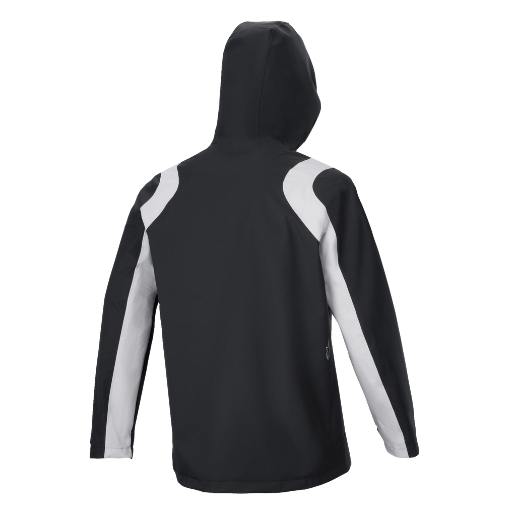 Veste de pluie Alpinestars A-Dura, noir et blanc, vue arrière d'une veste de pluie à capuche pour VTT avec des empiècements contrastés gris clair sur les épaules et les manches.
