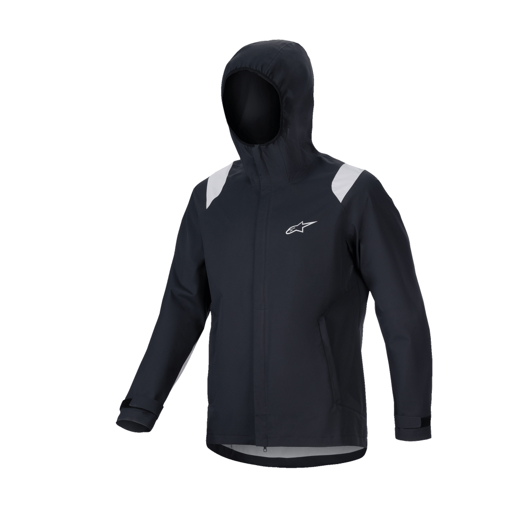 Veste de pluie Alpinestars A-Dura, veste de pluie VTT, noire avec empiècements gris aux épaules, logo Astars blanc sur la poitrine, conception imperméable à capuche avec membrane 2,5 couches, équipement technique fonctionnel pour le cyclisme tout-terrain