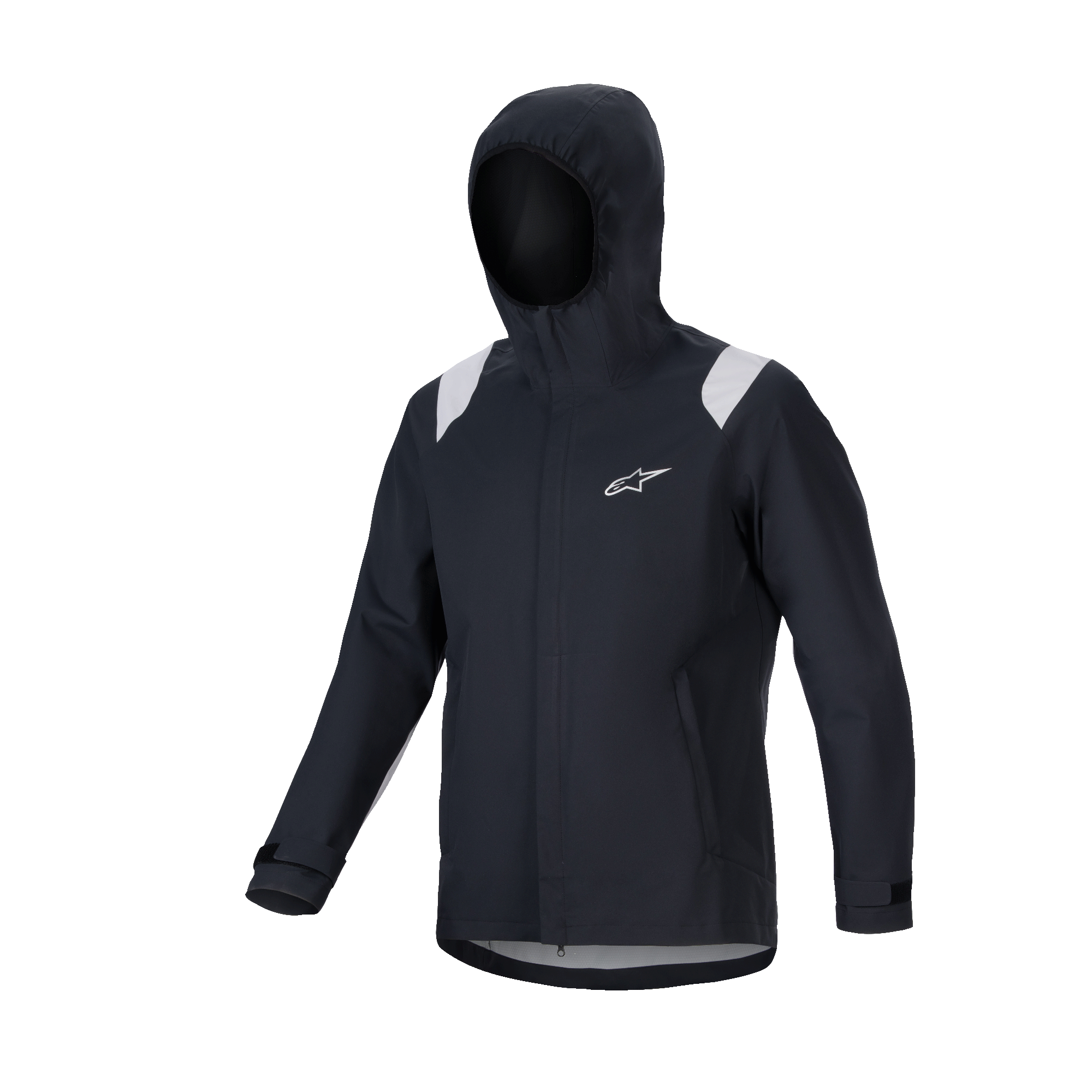 Veste de pluie Alpinestars A-Dura, veste de pluie VTT, noire avec empiècements gris aux épaules, logo Astars blanc sur la poitrine, conception imperméable à capuche avec membrane 2,5 couches, équipement technique fonctionnel pour le cyclisme tout-terrain