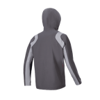 Veste de pluie Alpinestars A-Dura, veste de pluie pour VTT, titane foncé et gris, vue arrière avec capuche relevée, dotée de panneaux incurvés gris clair sur les épaules et les manches, conception technique pour le cyclisme par temps humide