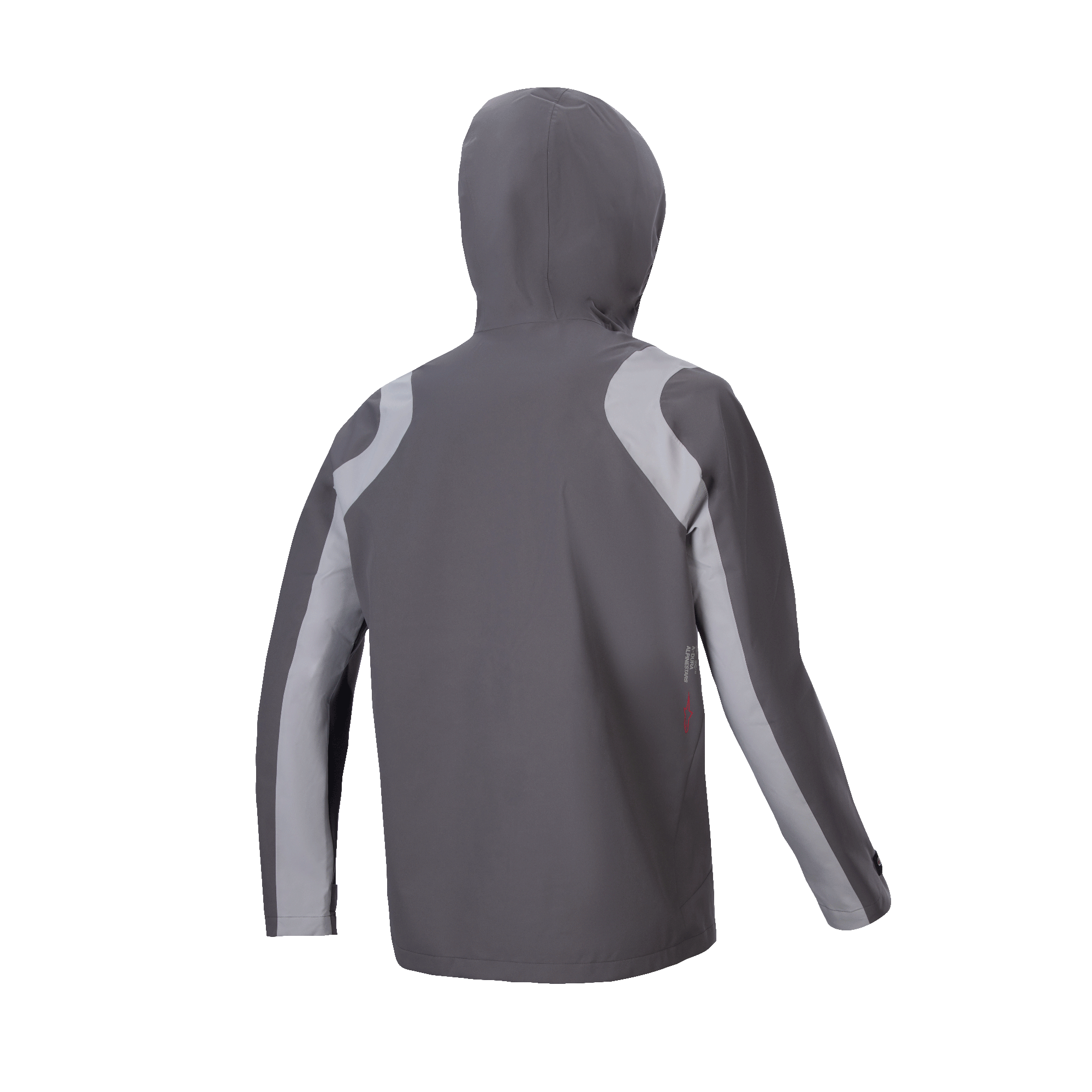 Veste de pluie Alpinestars A-Dura, veste de pluie pour VTT, titane foncé et gris, vue arrière avec capuche relevée, dotée de panneaux incurvés gris clair sur les épaules et les manches, conception technique pour le cyclisme par temps humide
