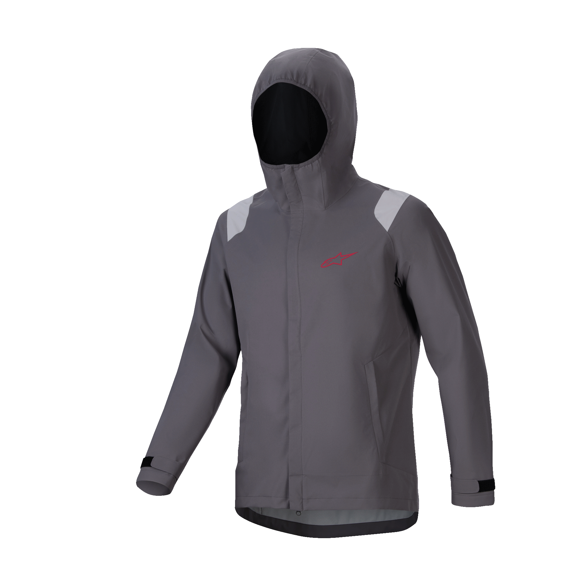 Veste de pluie Alpinestars A-Dura, veste imperméable pour VTT, gris titane foncé, modèle à capuche avec logo étoile rouge, détails gris clair sur les épaules, poignets réglables avec velcro, équipement technique haute performance pour VTT