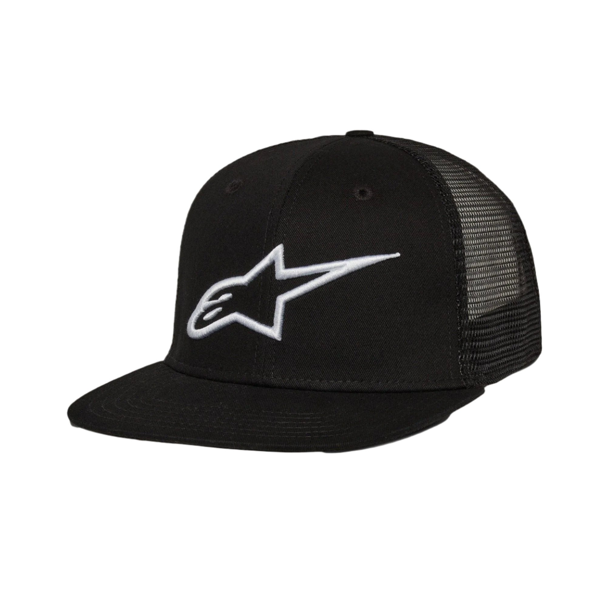 Alpinestars Corp Trucker pet, truckerpet met platte klep, zwart, wit 3D geborduurd Alpinestars-logo op de voorzijde, mesh panelen aan de achterkant, gestructureerde kroon, casual motorsport streetwear