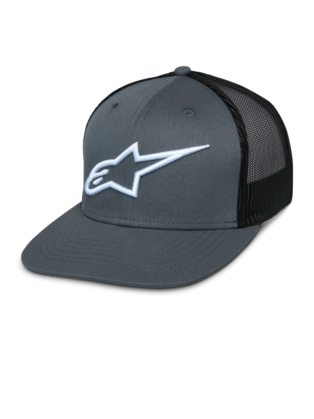 Alpinestars Corp Trucker pet, grijze voorkant en zwart mesh achterpaneel, wit geborduurd sterlogo, platte klep, gestructureerde kroon, ademend mesh achterpaneel