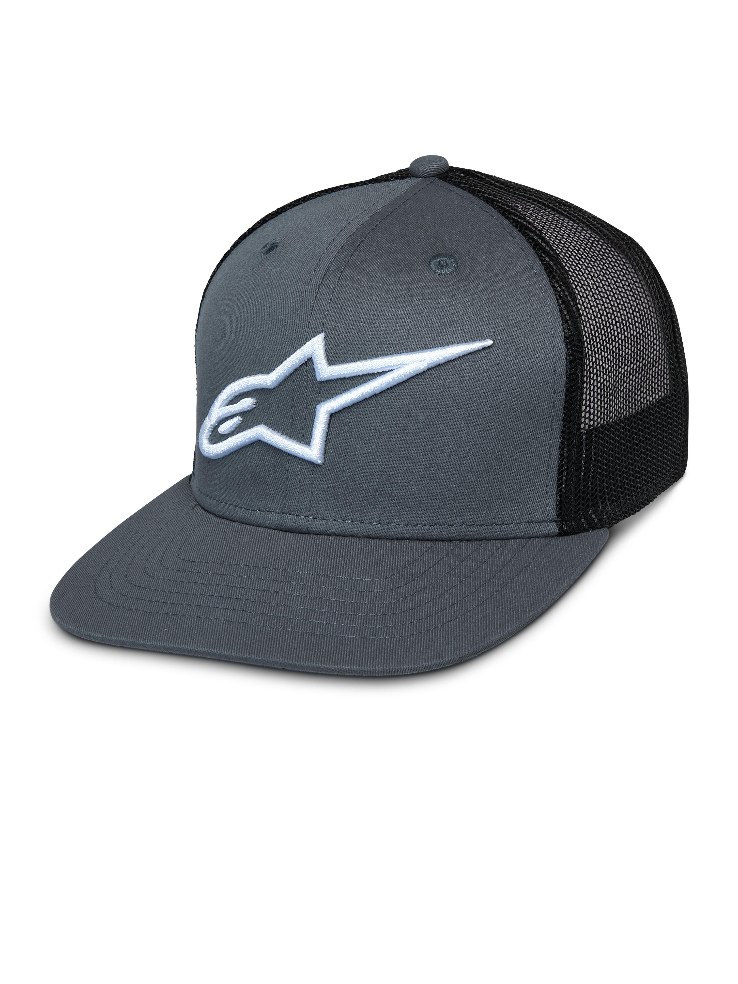 Alpinestars Corp Trucker pet, grijze voorkant en zwart mesh achterpaneel, wit geborduurd sterlogo, platte klep, gestructureerde kroon, ademend mesh achterpaneel