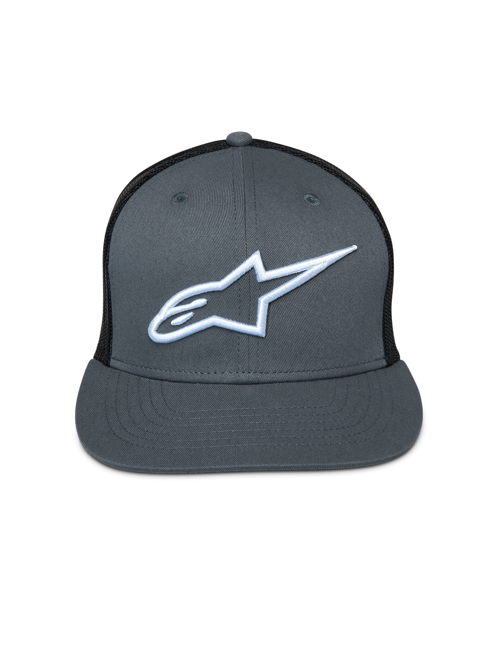Alpinestars Corp Trucker pet, grijze voorkant met zwarte mesh achterkant, platte klep, wit geborduurd Astar-logo, casual motorsport hoofdbedekking