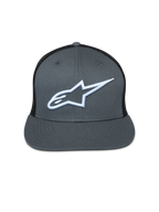 Alpinestars Corp Trucker pet, grijze voorkant met zwarte mesh achterkant, platte klep, wit geborduurd Astar-logo, casual motorsport hoofdbedekking