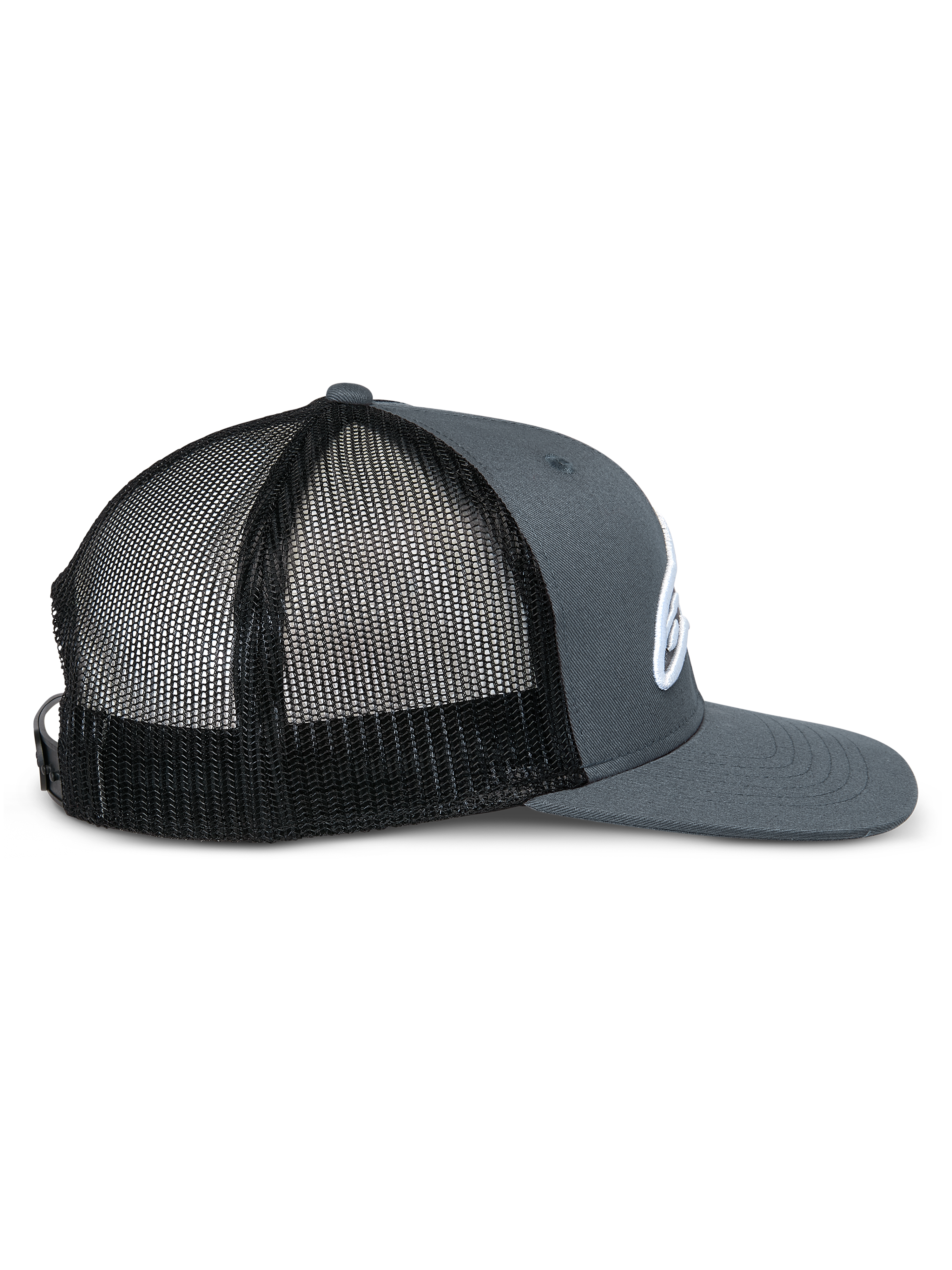 Alpinestars Corp Trucker pet, zijprofiel, grijze twill voorkant en klep met zwarte mesh achterkant, platte klep, gestructureerde kroon, wit geborduurd logo, casual motorsport hoofddeksel