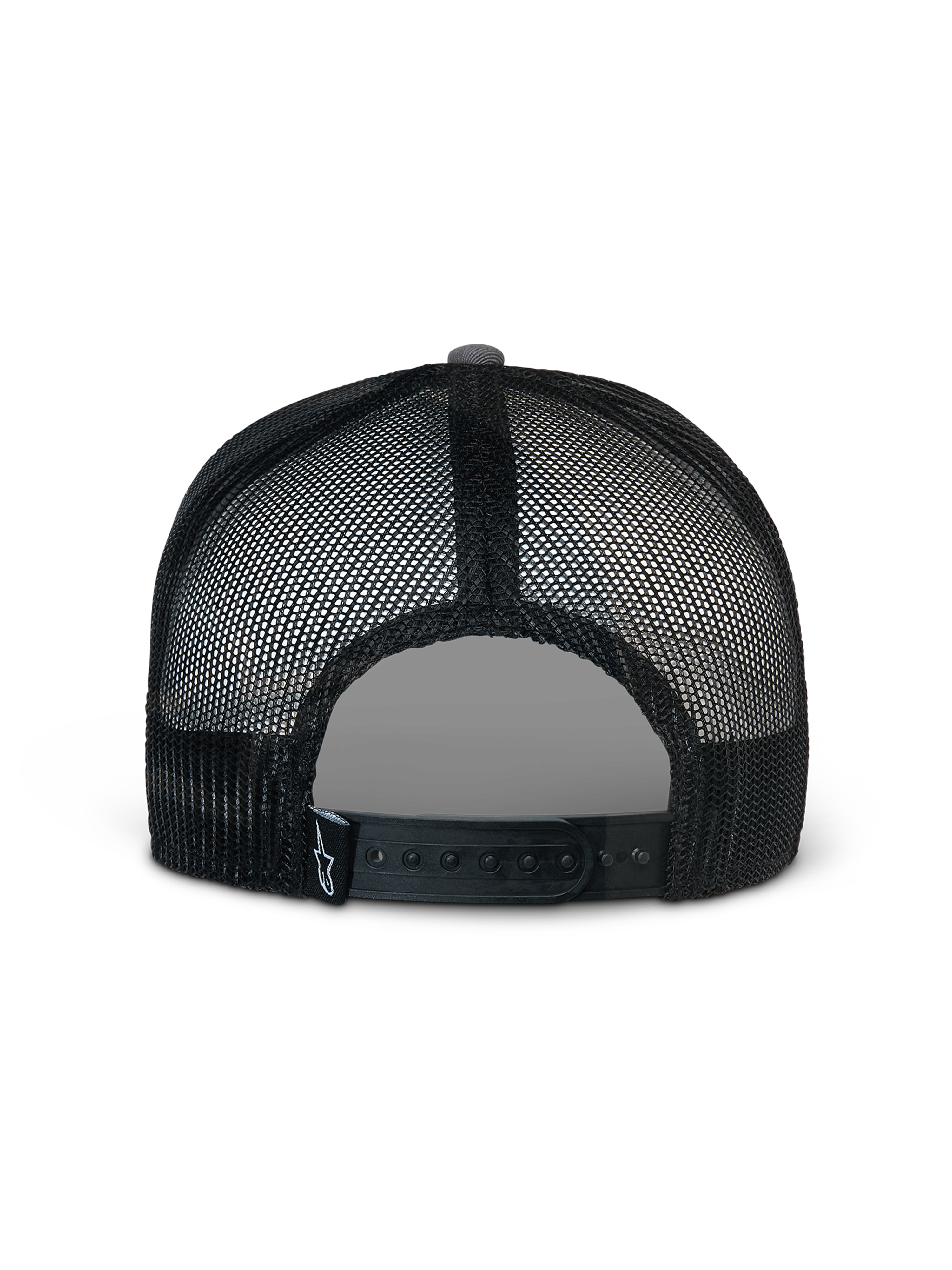 Alpinestars Corp Trucker pet, grijs en zwart, achteraanzicht met zwarte mesh panelen en een verstelbare snapback-sluiting, klein wit sterlogo op een zwart label aan de achterkant, casual sportkleding