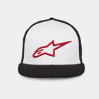 Alpinestars Corp Trucker pet, trucker pet met platte klep en gestructureerde kroon, wit voorpaneel met zwarte mesh achterkant en zwarte klep, rood 3D geborduurd Alpinestars-logo, casual motorsport hoofdbedekking