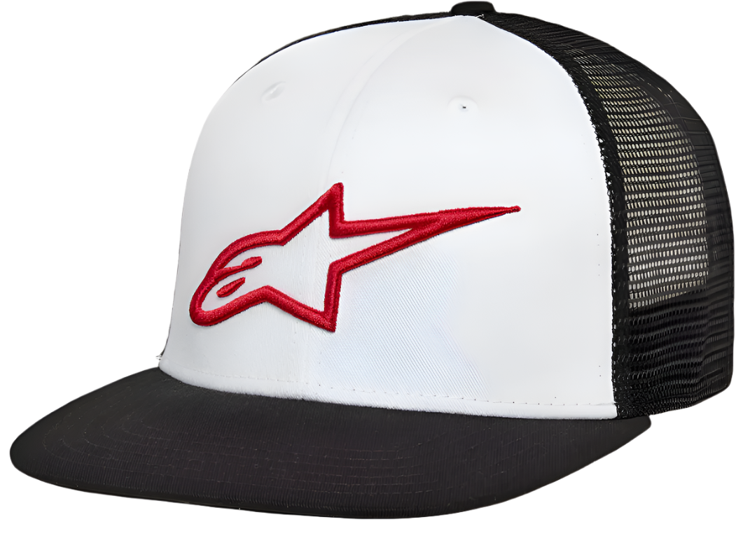 Alpinestars Corp Trucker pet, wit voorpaneel met een zwarte platte klep en zwarte mesh achterkant, voorzien van een 3D geborduurd rood Alpinestars sterlogo, casual motorsport streetwear