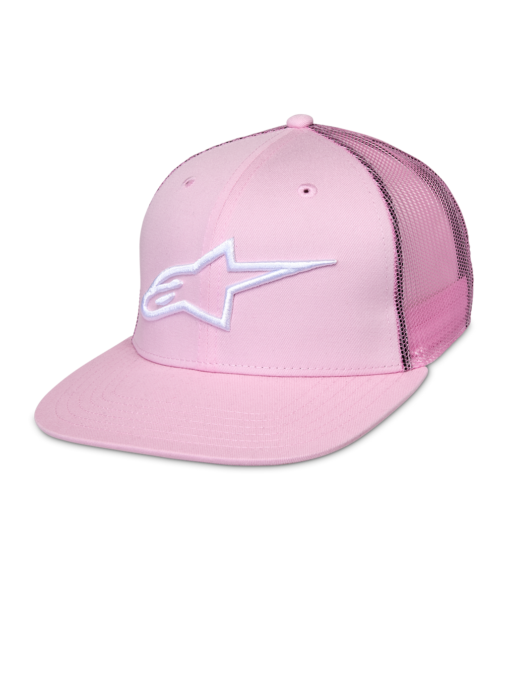 Alpinestars Corp Trucker pet, roze snapback met wit sterlogo, mesh achterpanelen, gestructureerd ontwerp met zes panelen en ventilatieopeningen