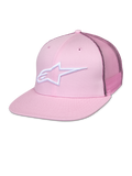 Alpinestars Corp Trucker pet, roze snapback met wit sterlogo, mesh achterpanelen, gestructureerd ontwerp met zes panelen en ventilatieopeningen