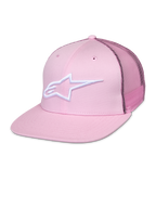 Alpinestars Corp Trucker pet, roze snapback met wit sterlogo, mesh achterpanelen, gestructureerd ontwerp met zes panelen en ventilatieopeningen
