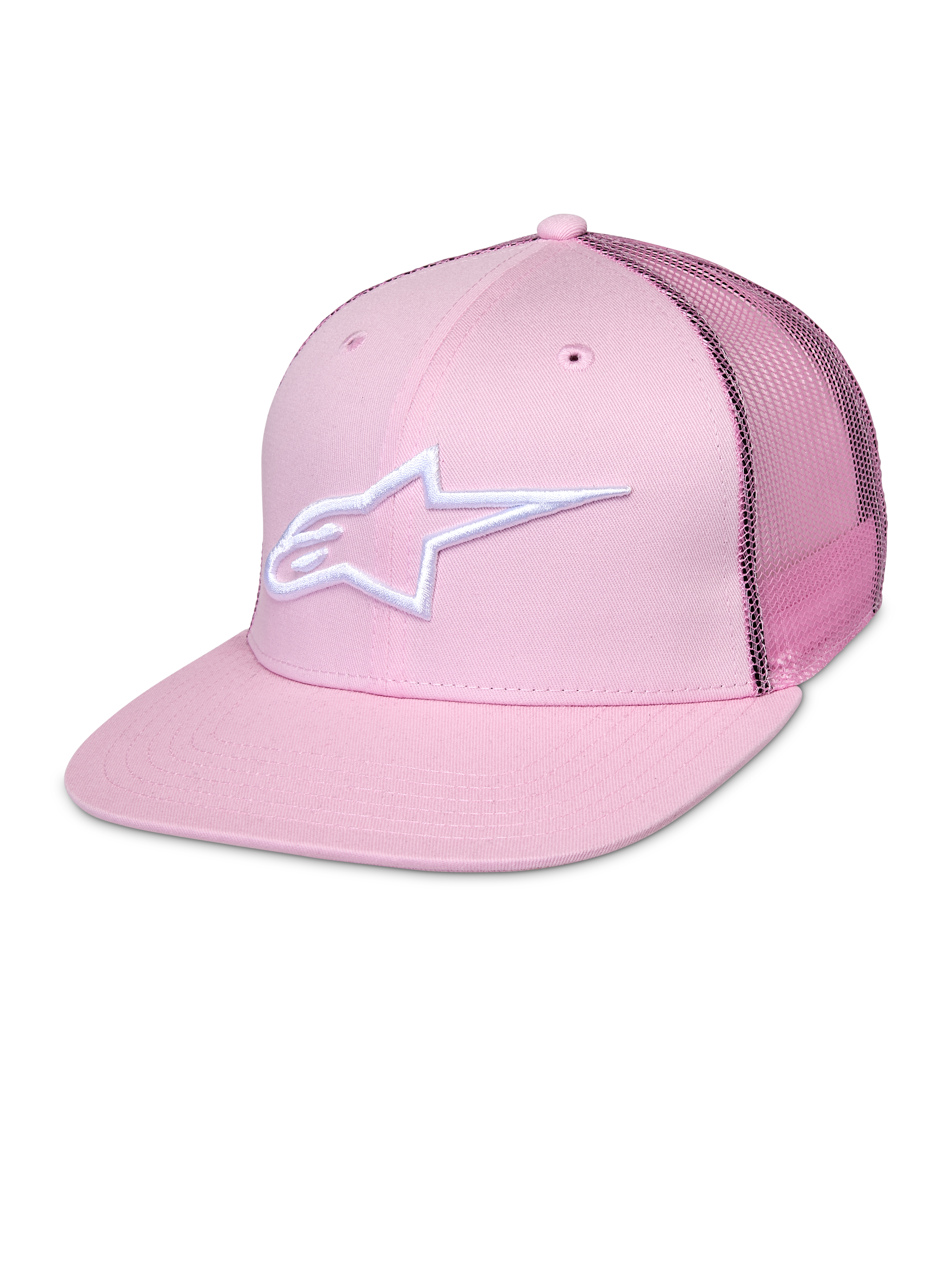 Alpinestars Corp Trucker pet, roze snapback met wit sterlogo, mesh achterpanelen, gestructureerd ontwerp met zes panelen en ventilatieopeningen