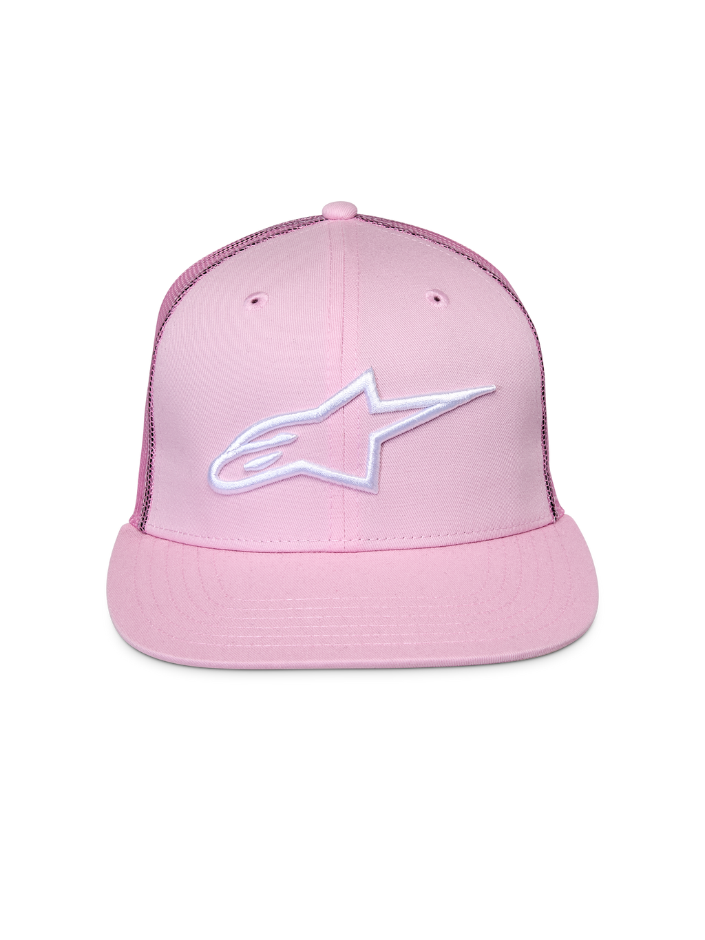 Alpinestars Corp Trucker pet, roze, met wit geborduurd logo op de voorzijde, platte klep en gestructureerde kroon, mesh achterpanelen, casual motorsport hoofdbedekking