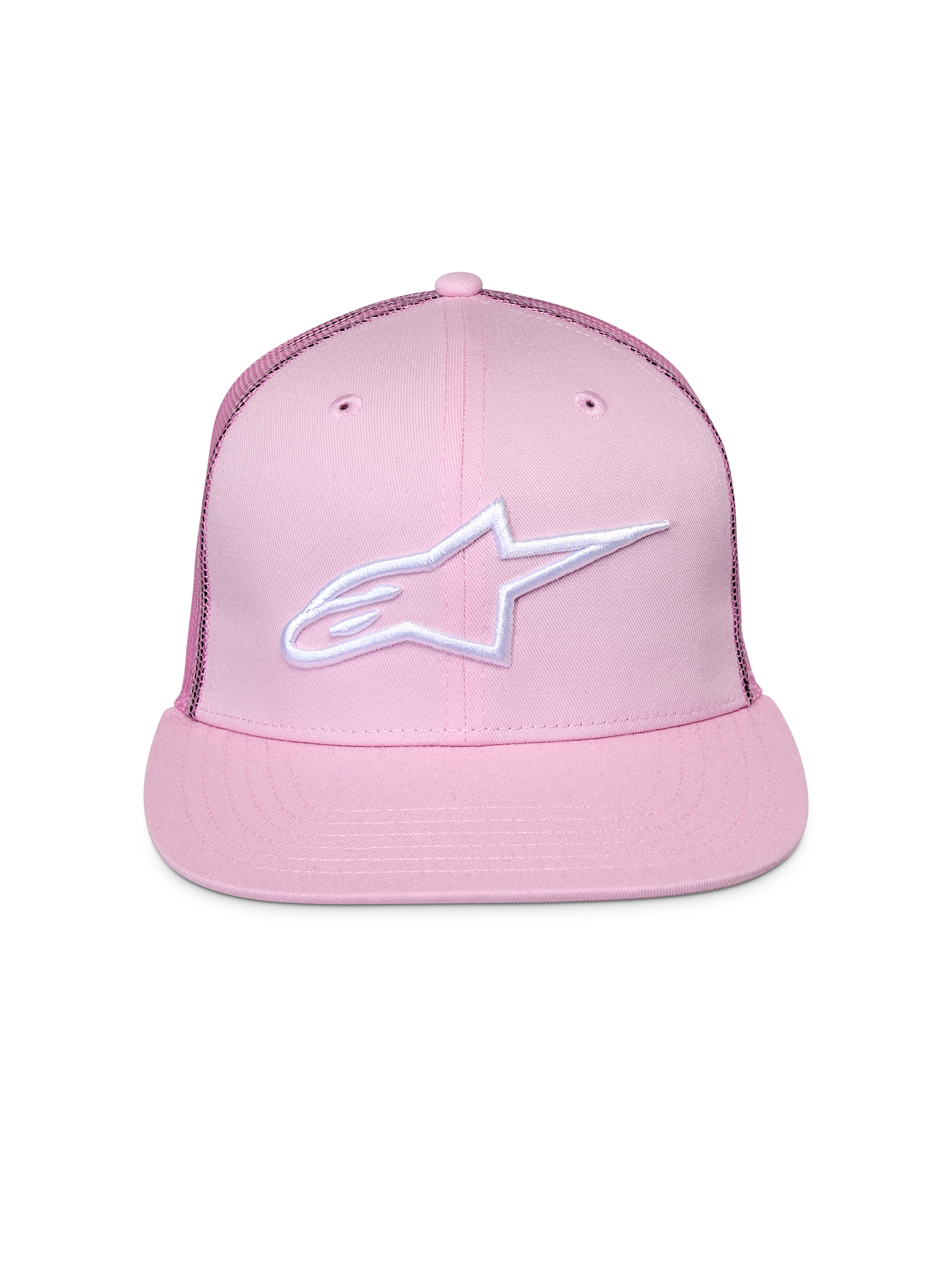 Alpinestars Corp Trucker pet, roze, met wit geborduurd logo op de voorzijde, platte klep en gestructureerde kroon, mesh achterpanelen, casual motorsport hoofdbedekking