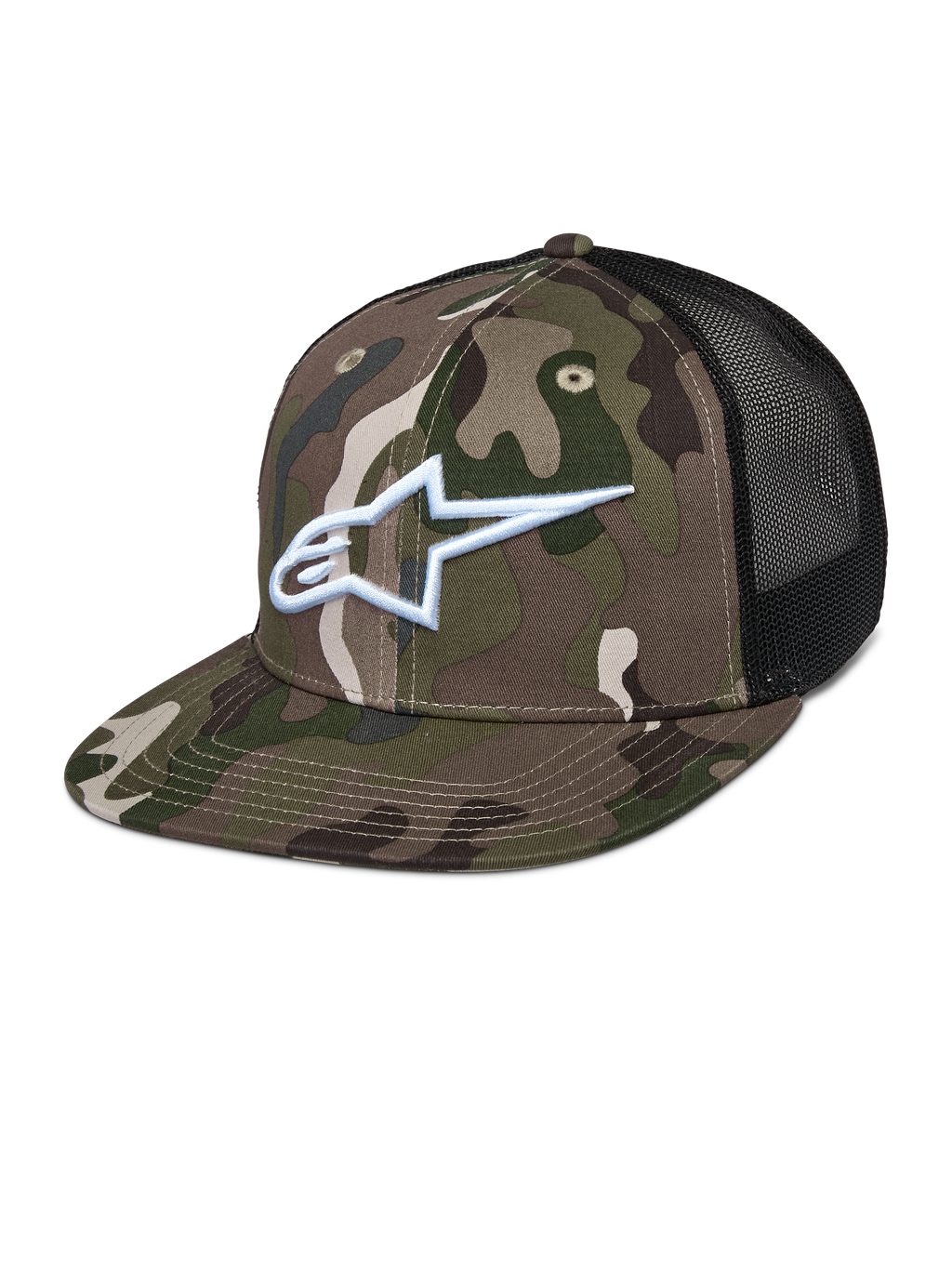 Alpinestars Corp Trucker Cap, Grünes Camouflage und Schwarz, Tarnmuster mit weiß gesticktem A-Star-Logo, schwarze Mesh-Einsätze auf der Rückseite, flacher Schirm, Casual-Lifestyle-Kopfbedeckung