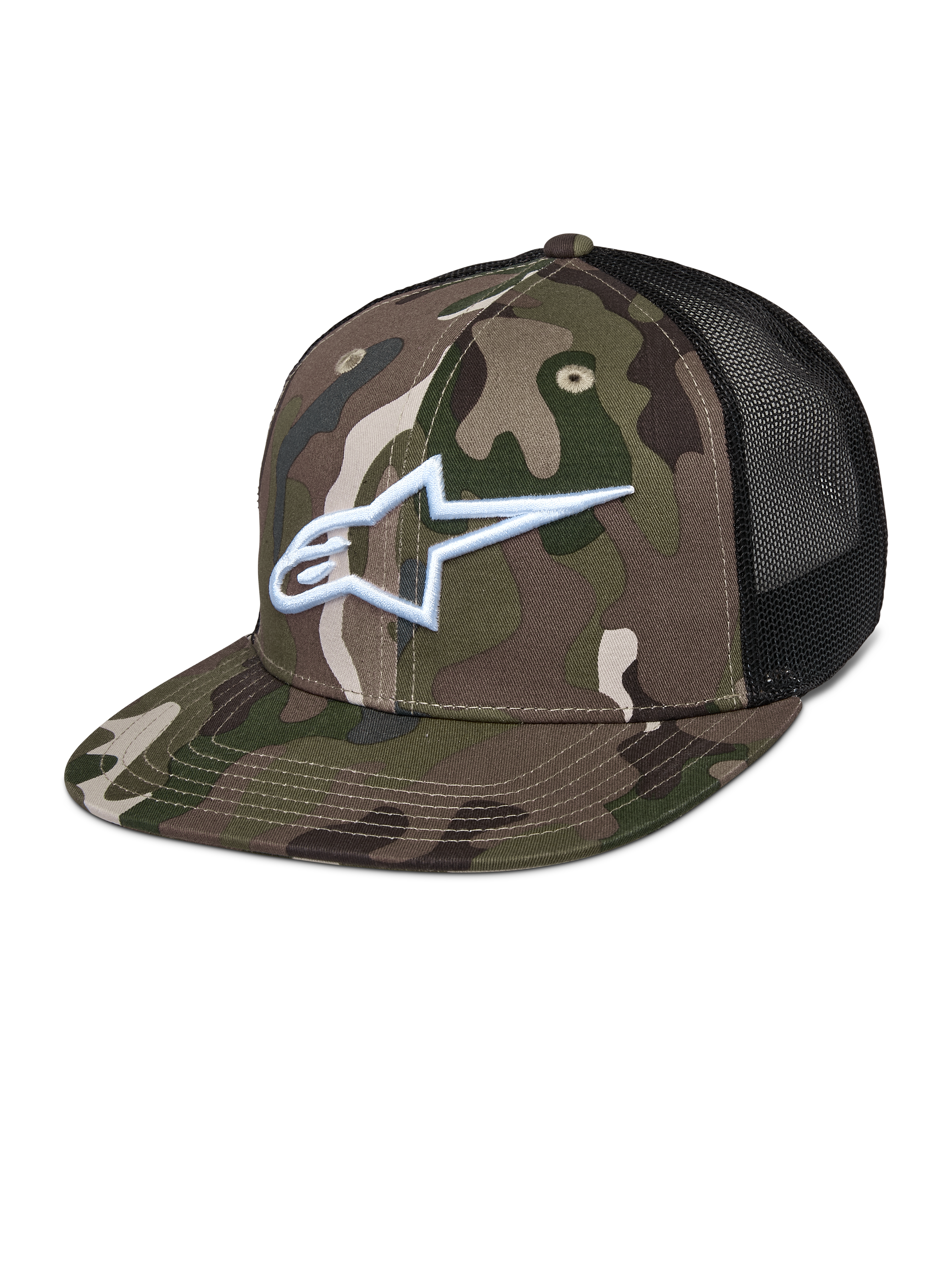 Alpinestars Corp Trucker pet, groene camouflage en zwart, camouflagepatroon met wit geborduurd A-star logo, zwarte mesh achterpanelen, platte klep, casual lifestyle pet