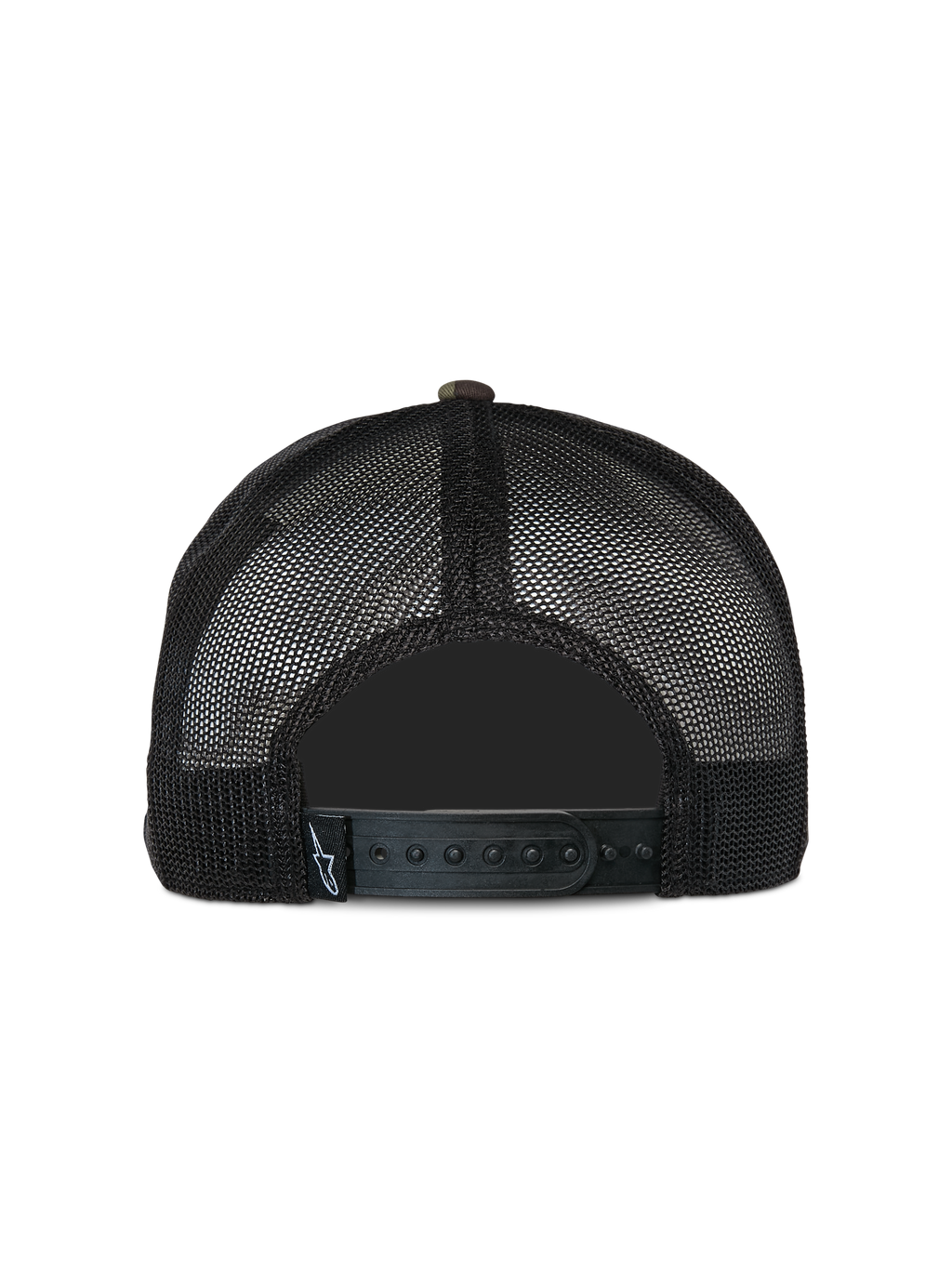 Alpinestars Corp Trucker Cap, Freizeit-Trucker-Cap, Green Camo und Schwarz, Rückansicht mit schwarzen Mesh-Einsätzen und verstellbarem Snapback-Verschluss, kleines gewebtes Logo-Etikett, klassisches vom Motorsport inspiriertes Design