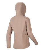 Veste de pluie Alpinestars Stella A-Dura, veste de cyclisme pour femme, brun clair, vue arrière montrant la capuche et une silhouette épurée, logo noir discret dans le bas du dos, construction technique imperméable à 2,5 couches pour le VTT