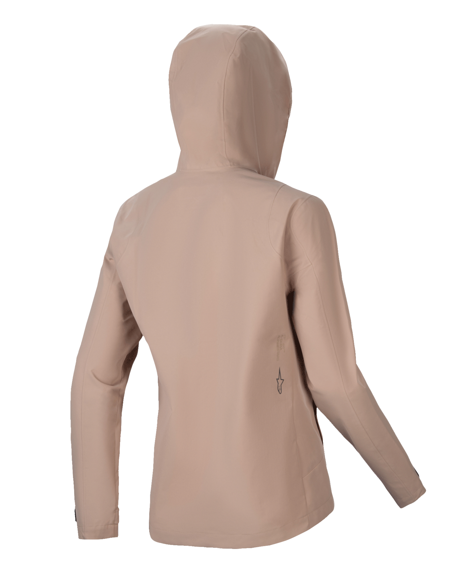 Veste de pluie Alpinestars Stella A-Dura, veste de cyclisme pour femme, brun clair, vue arrière montrant la capuche et une silhouette épurée, logo noir discret dans le bas du dos, construction technique imperméable à 2,5 couches pour le VTT