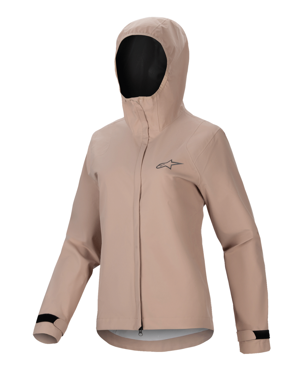 Alpinestars Stella A-Dura Rain Jacket, veste de pluie de cyclisme pour femme, brun clair, conception à capuche avec fermeture éclair frontale et rabat tempête, poignets réglables à velcro noirs, petit logo sur la poitrine, matière performante imperméable et respirante pour le VTT