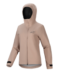 Alpinestars Stella A-Dura Rain Jacket, veste de pluie de cyclisme pour femme, brun clair, conception à capuche avec fermeture éclair frontale et rabat tempête, poignets réglables à velcro noirs, petit logo sur la poitrine, matière performante imperméable et respirante pour le VTT
