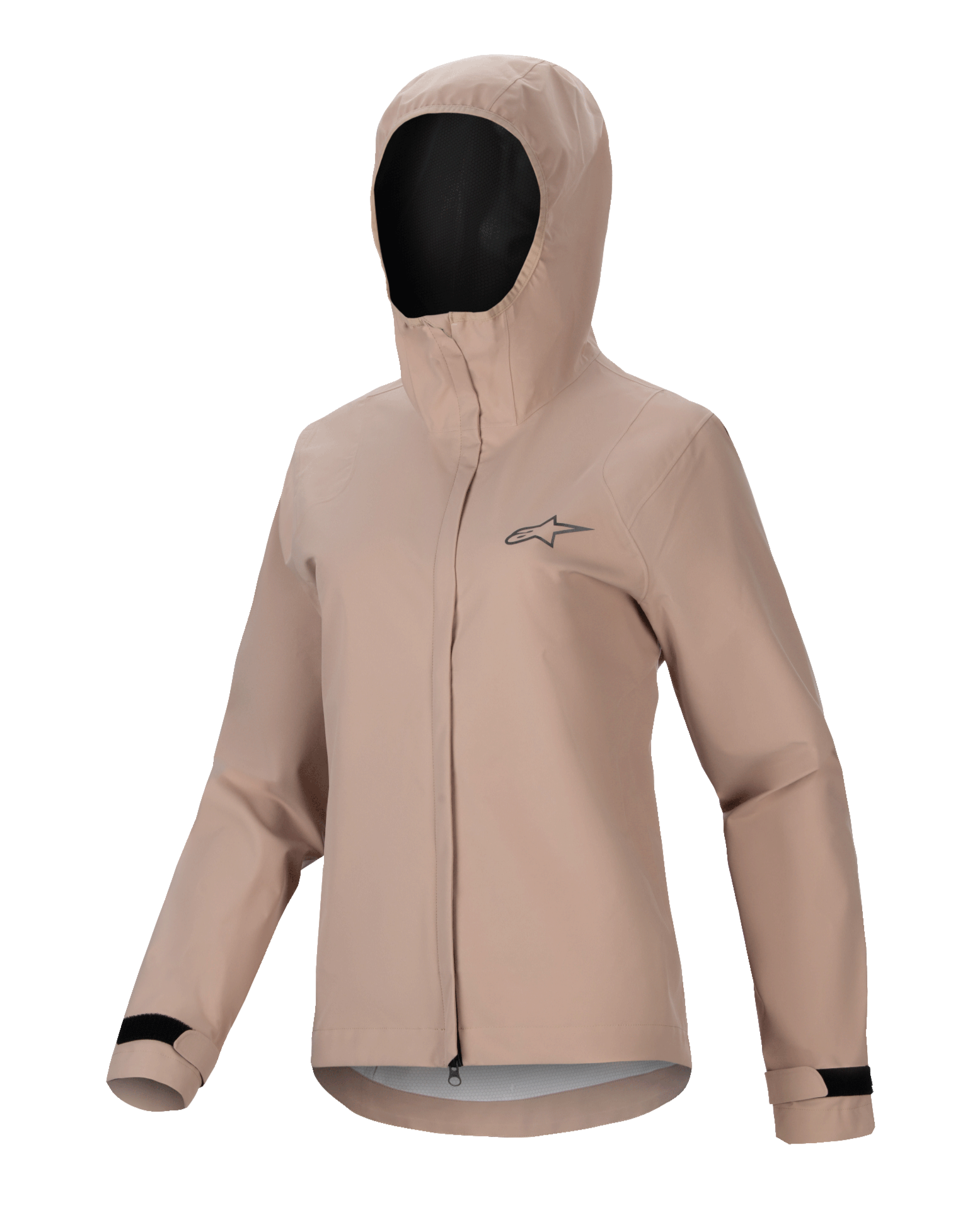Alpinestars Stella A-Dura Rain Jacket, veste de pluie de cyclisme pour femme, brun clair, conception à capuche avec fermeture éclair frontale et rabat tempête, poignets réglables à velcro noirs, petit logo sur la poitrine, matière performante imperméable et respirante pour le VTT